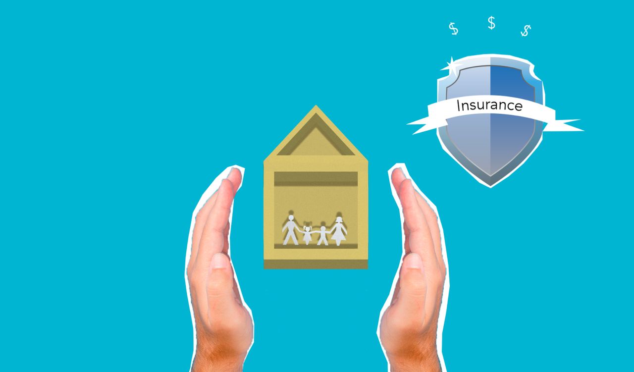 Home warranty vs home insurance: paper cutout of a house with a family and an insurance shield